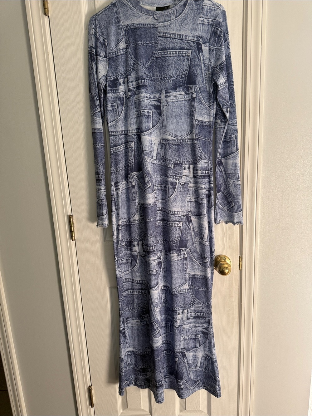 Blue Denim-Print Long Sleeve Maxi Dress Size L